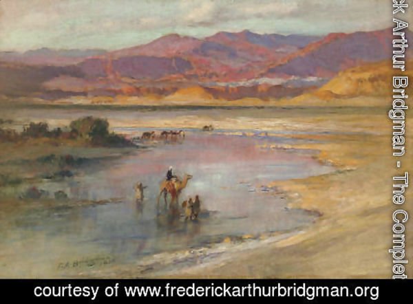 Frederick Arthur Bridgman - Crossing an Oasis, with the Atlas Mountains in the Distance, Morocco